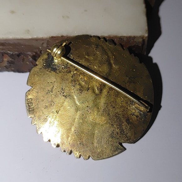 Vermeil Gold over 800 Silver Egyptian Revival Peacock Vintage Brass Pin Brooch - Picture 5 of 8